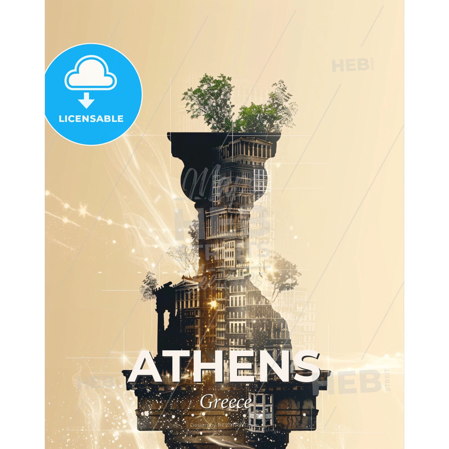Athens Skyline Double Exposure Composite Art Poster - A statue with trees on it - Square format print template