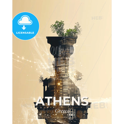 Athens Skyline Double Exposure Composite Art Poster - A statue with trees on it - Square format print template