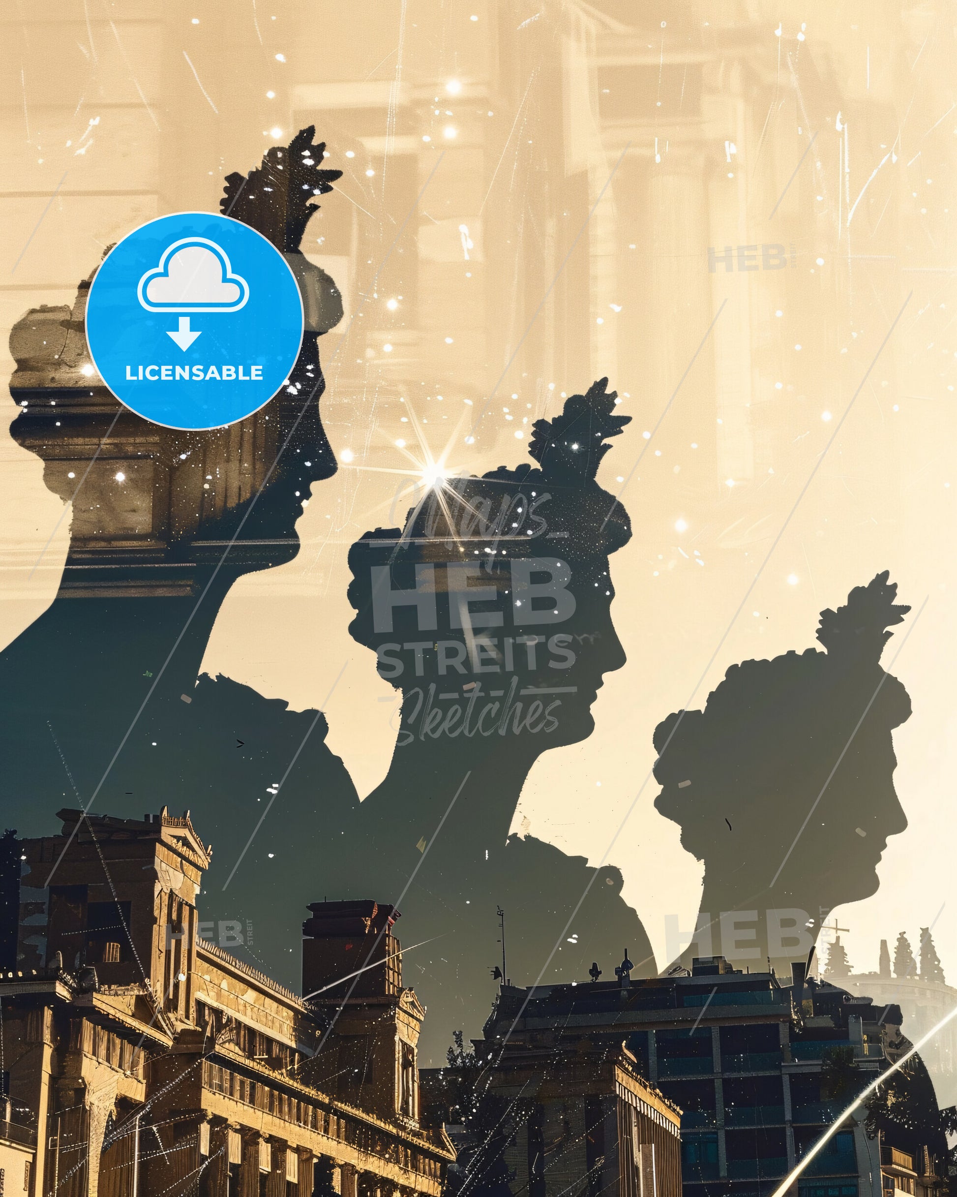 Athens Skyline: City Icons in Silhouette - A double exposure of a group of people's heads