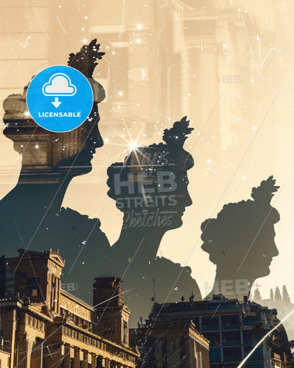 Athens Skyline: City Icons in Silhouette - A double exposure of a group of people's heads