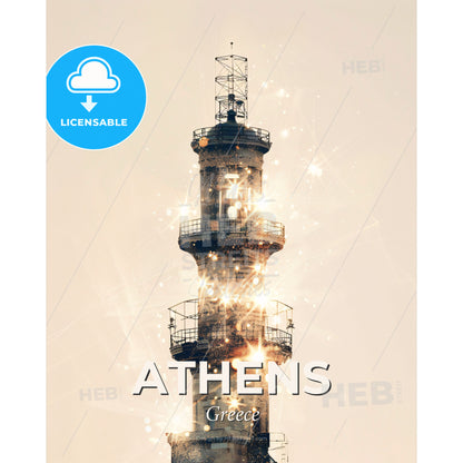 Athens Skyline Double Exposure Majestic Poster - A tower with lights and stars - Square format print template