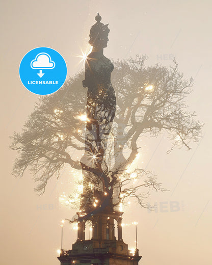 Athlone Double Exposure Skyline Cityscape Artwork - A double exposure of a statue and a tree