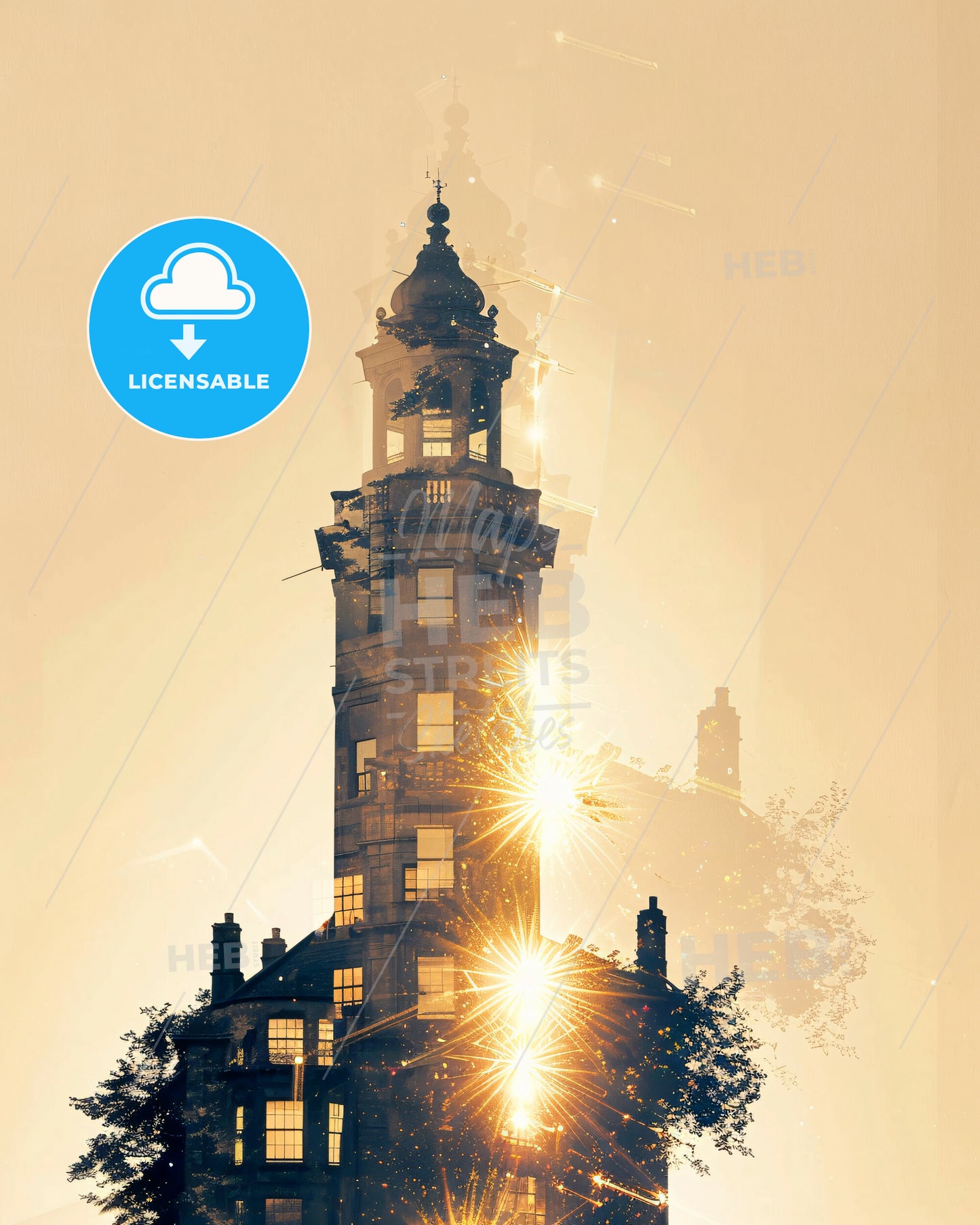 Athlone Skyline Double Exposure Art Print - A building with a tower and a light in the background