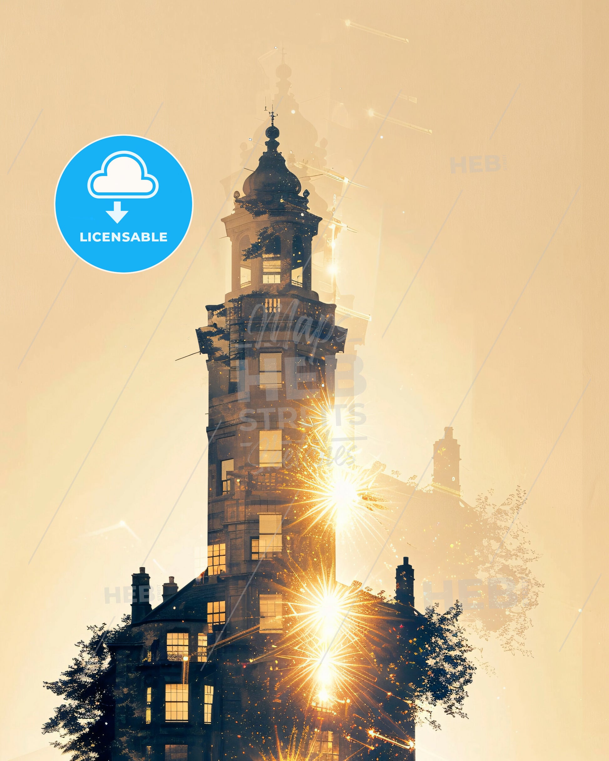 Athlone Skyline Double Exposure Art Print - A building with a tower and a light in the background