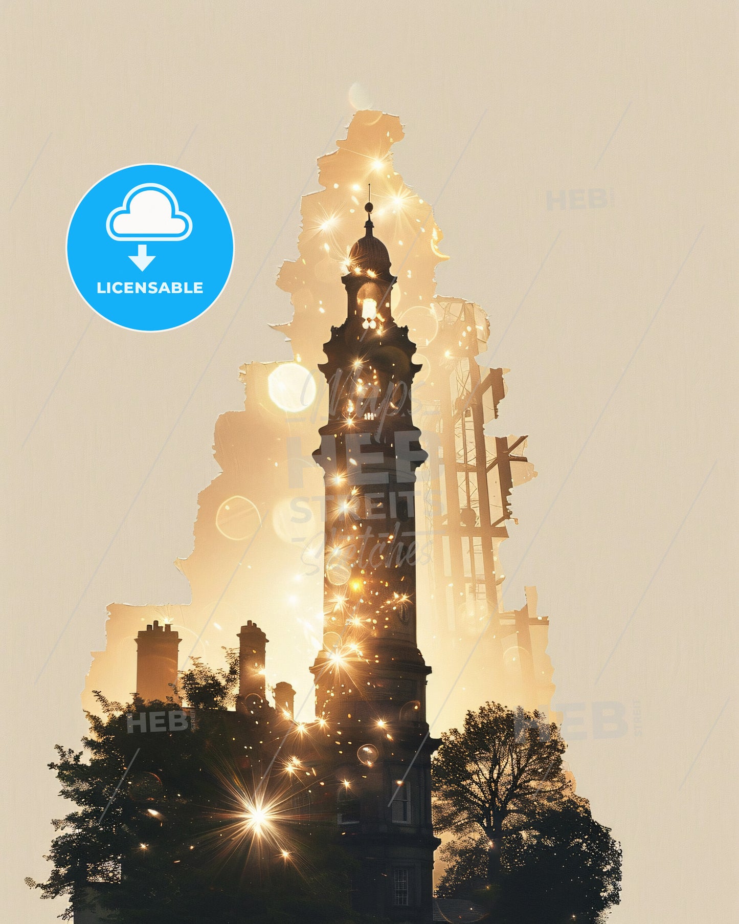 Athlone Skyline Double Exposure Composite Art - A tower with a light shining on it