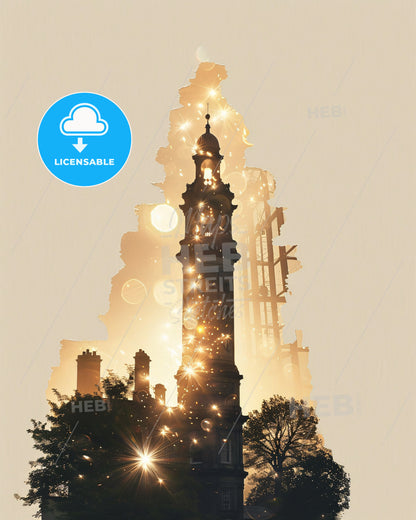 Athlone Skyline Double Exposure Composite Art - A tower with a light shining on it