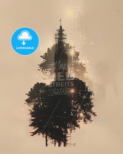 Athlone Skyline Art Print: Beige Paper, Backlights, Sparkles - A tree with a tower and a light in the background