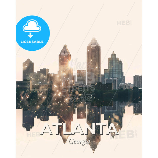 Atlanta City Skyline Art: Subtly Enchanting - A city skyline with a reflection of the sun - Square format print template
