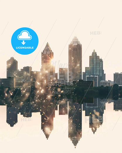 Atlanta City Skyline Art: Subtly Enchanting - A city skyline with a reflection of the sun