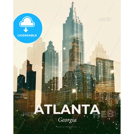 Atlanta City Lights Skyline Double Exposure - A city skyline with many tall buildings - Square format print template