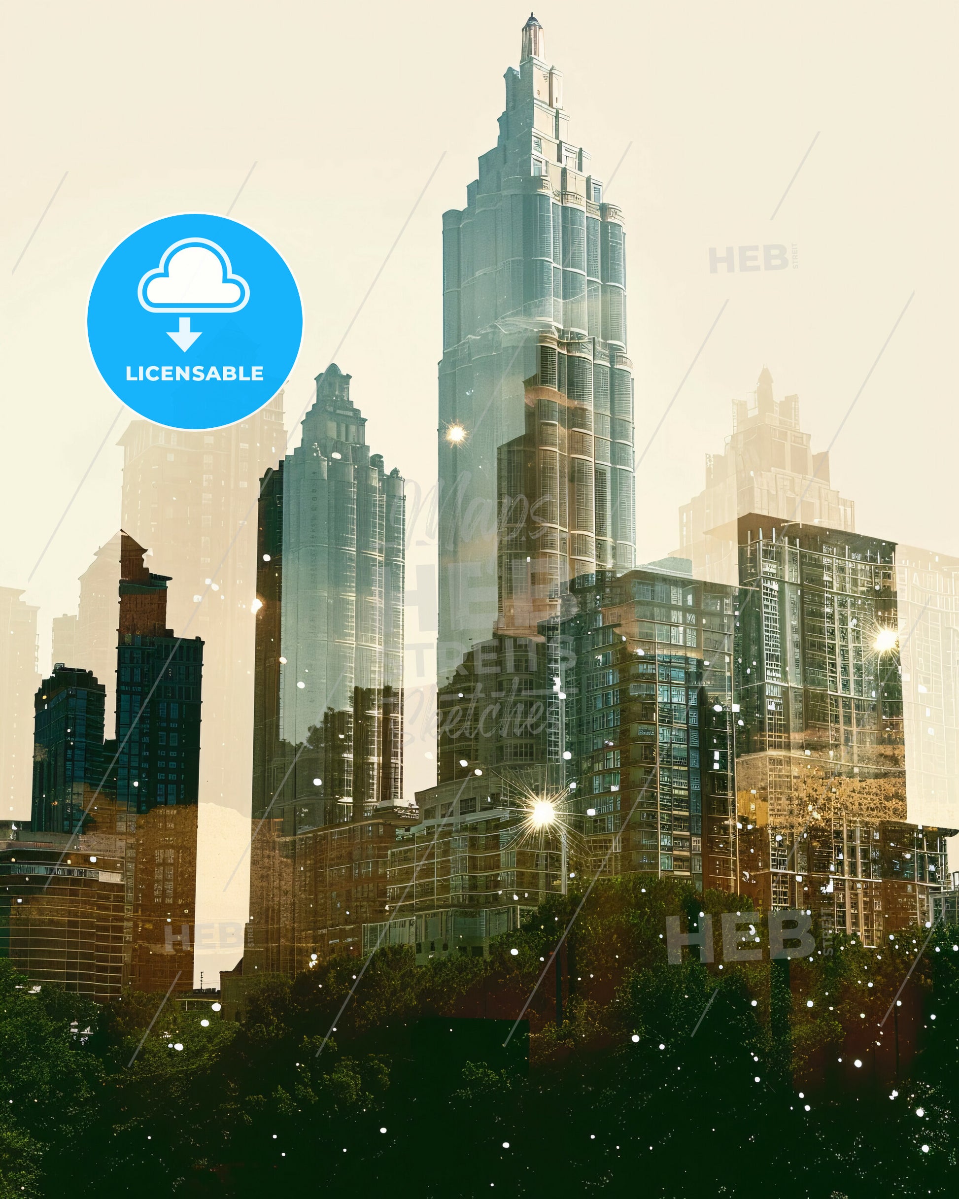 Atlanta City Lights Skyline Double Exposure - A city skyline with many tall buildings