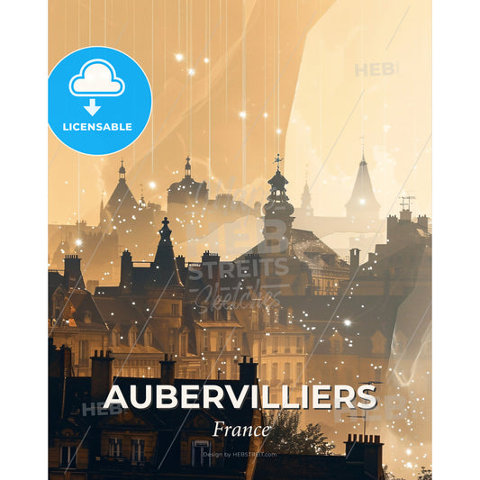 Aubervilliers Urban Lightscape Silhouette Poster - A city with many buildings and stars - Square format print template