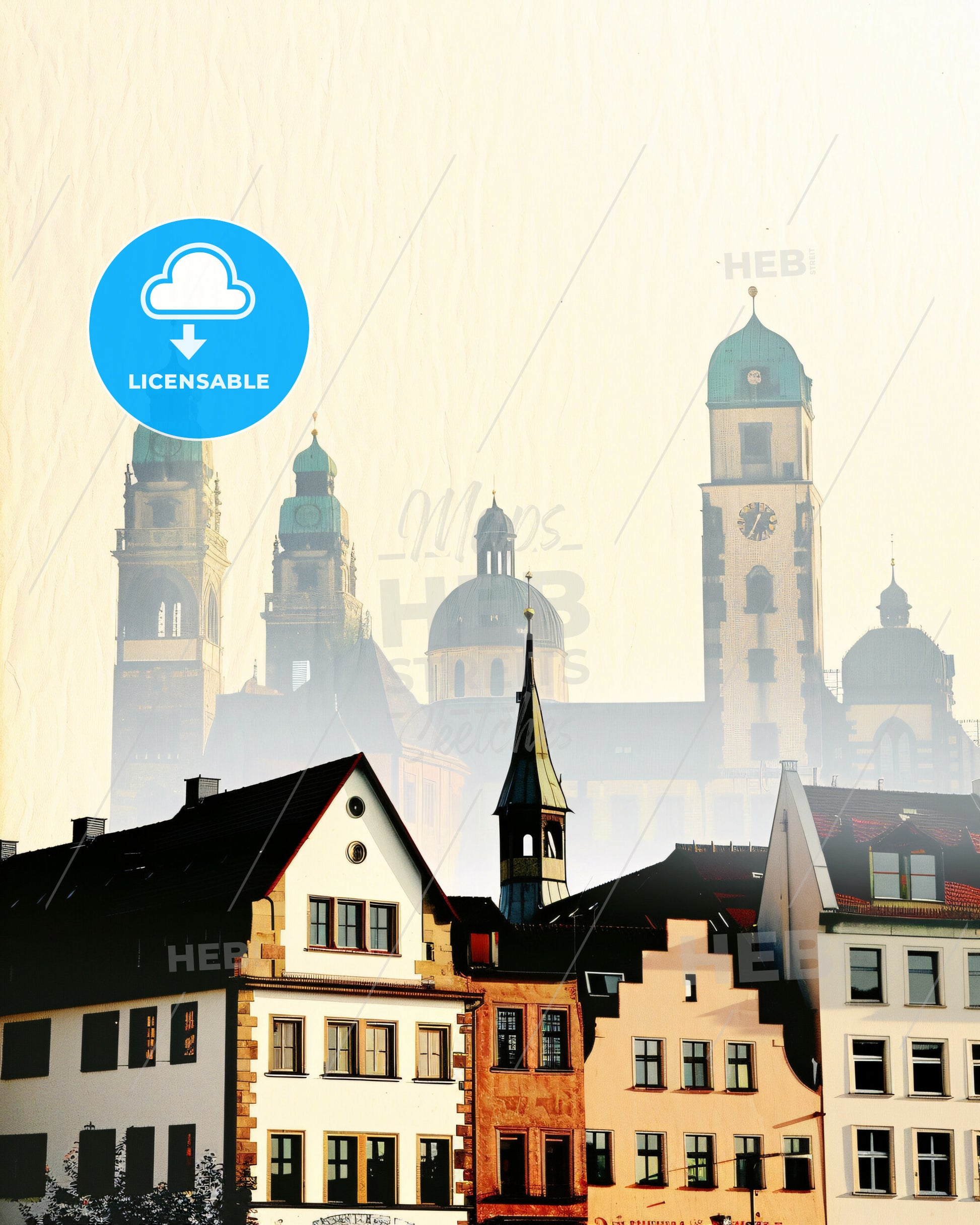 Augsburg Skyline Cityscape Double Exposure Poster - A group of buildings with a clock tower in the background