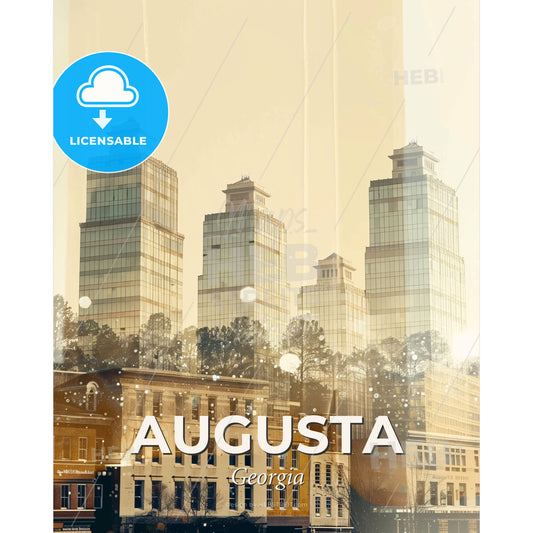 Augusta Skyline Double Exposure Art - A group of buildings with trees in the background - Square format print template