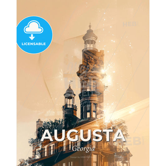 Augusta: Art Deco City Skyline Poster - A building with a tower - Square format print template