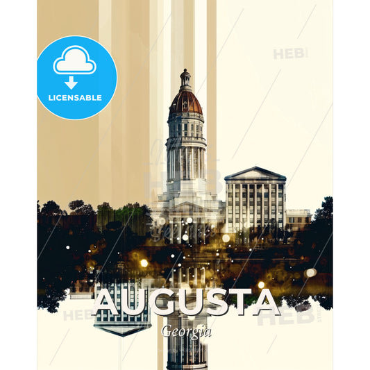 Augusta Georgia Skyline Composite Art on Beige - A building with a dome and trees - Square format print template