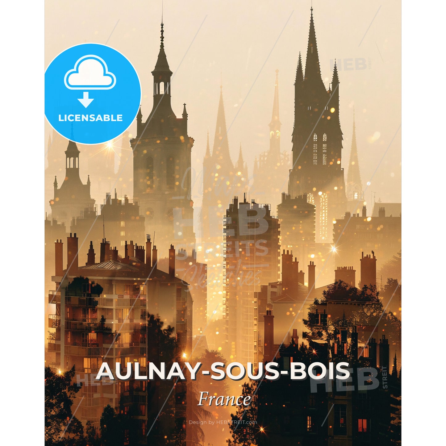 Aulnay-sous-Bois Skyline Shimmering City Lights - A city with tall buildings and trees - Square format print template