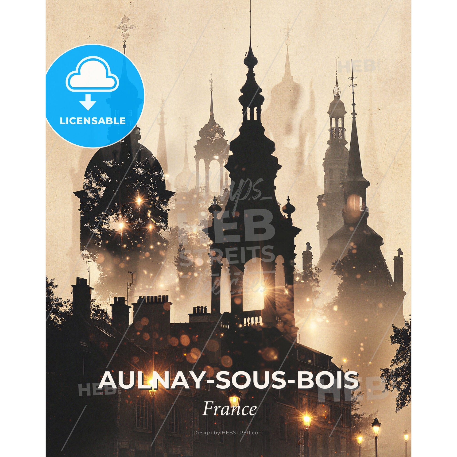 Aulnay-sous-Bois City Skyline Art Poster - A silhouette of a building with towers and trees - Square format print template