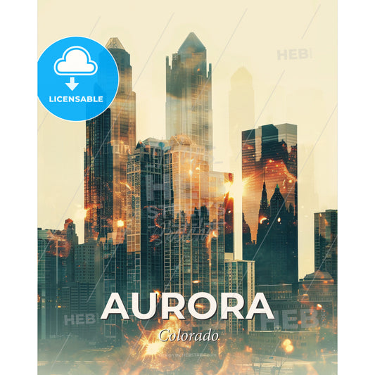 Aurora Skyline Double Exposure Composition - A city skyline with fire - Square format print template