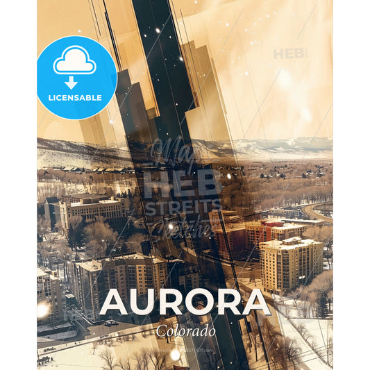Aurora Skyline Cityscape Composite Art Poster - A city landscape with buildings and trees - Square format print template
