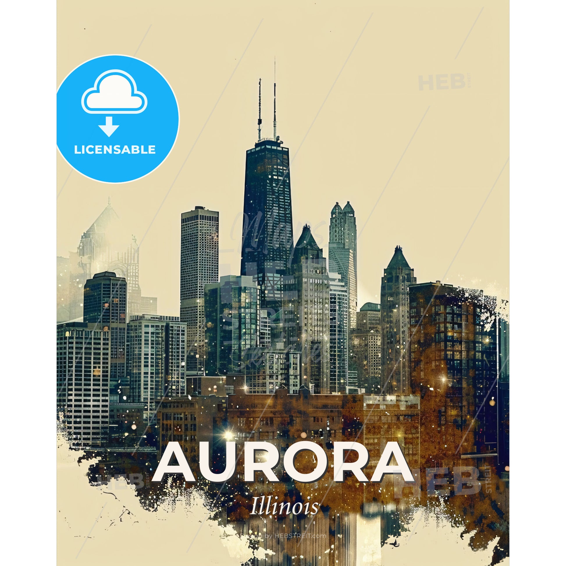 Aurora Skyline: Composite Cityscape Art - A city skyline with many tall buildings - Square format print template
