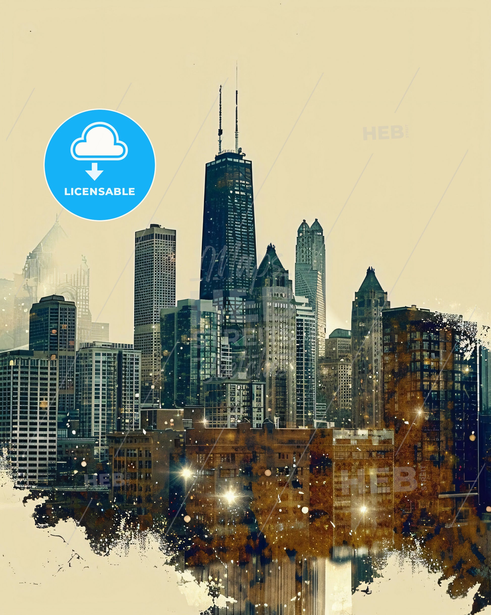 Aurora Skyline: Composite Cityscape Art - A city skyline with many tall buildings