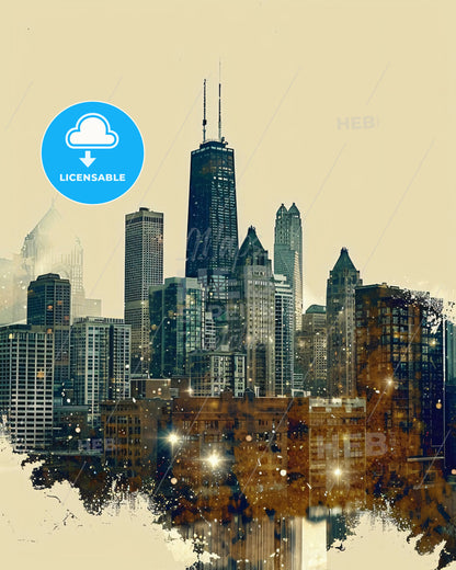 Aurora Skyline: Composite Cityscape Art - A city skyline with many tall buildings