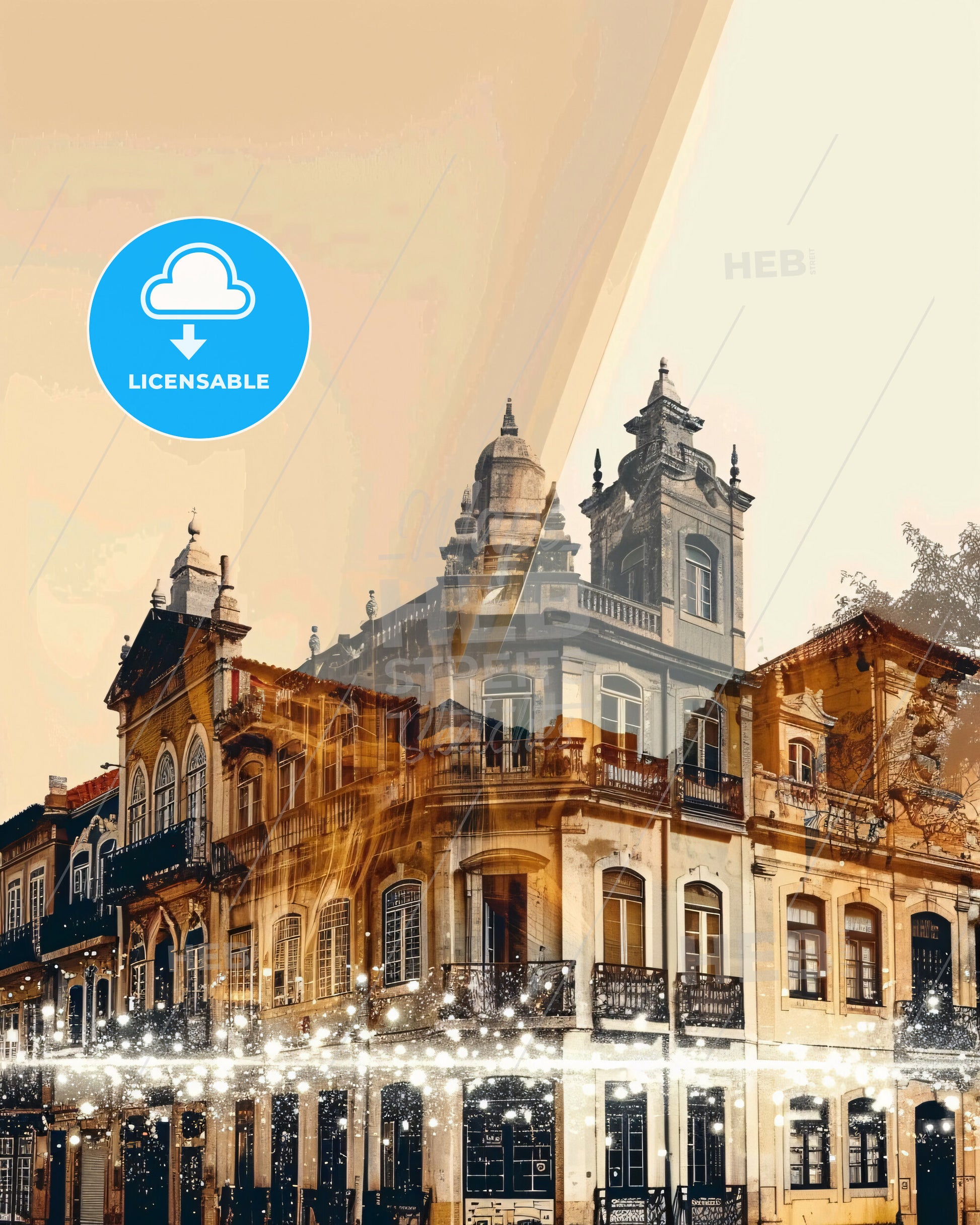 Aveiro Cityscape Skyline Double Exposure Poster - A building with a tower and a tree