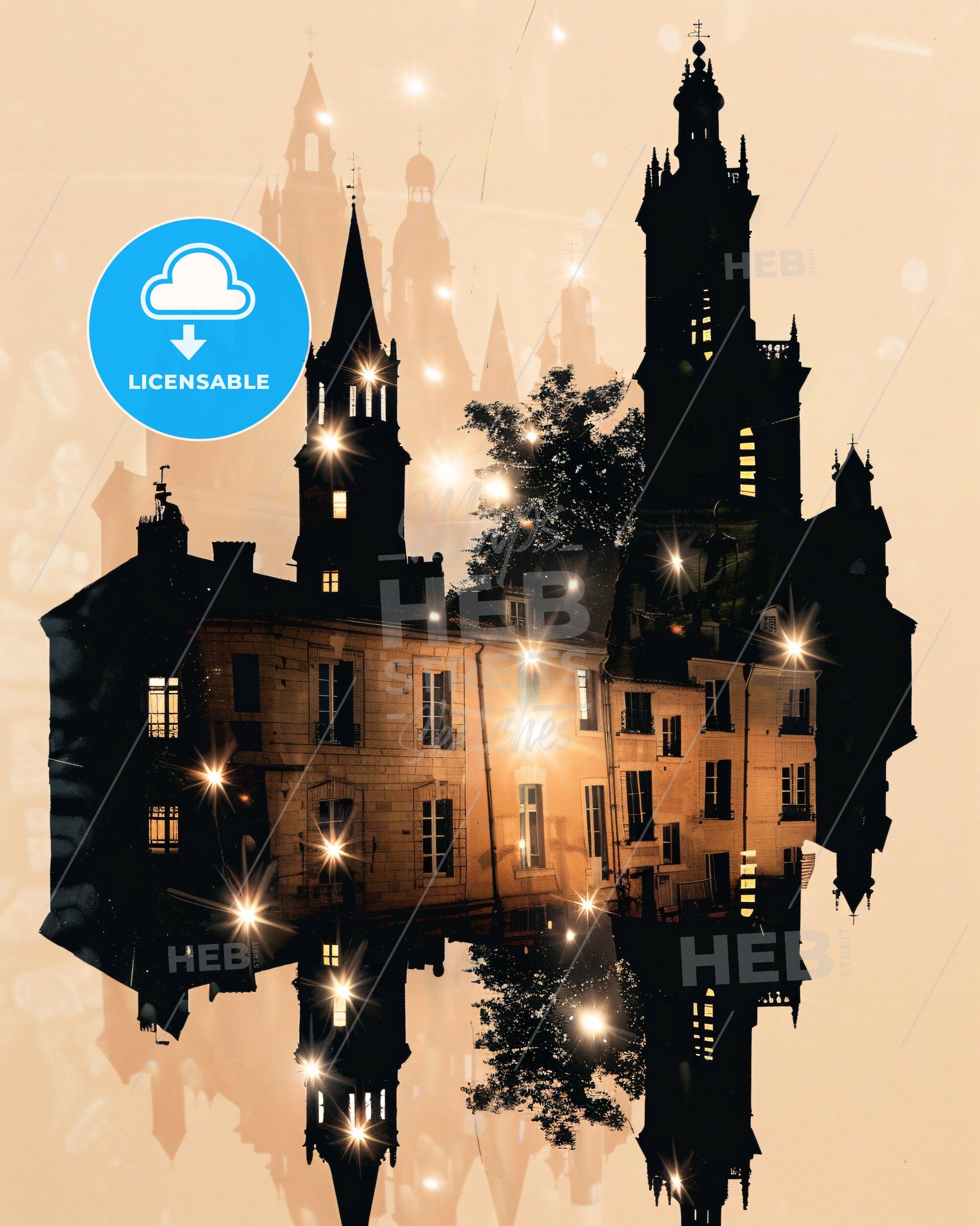 Avignon Skyline Double Exposure Art Poster - A building with towers and lights