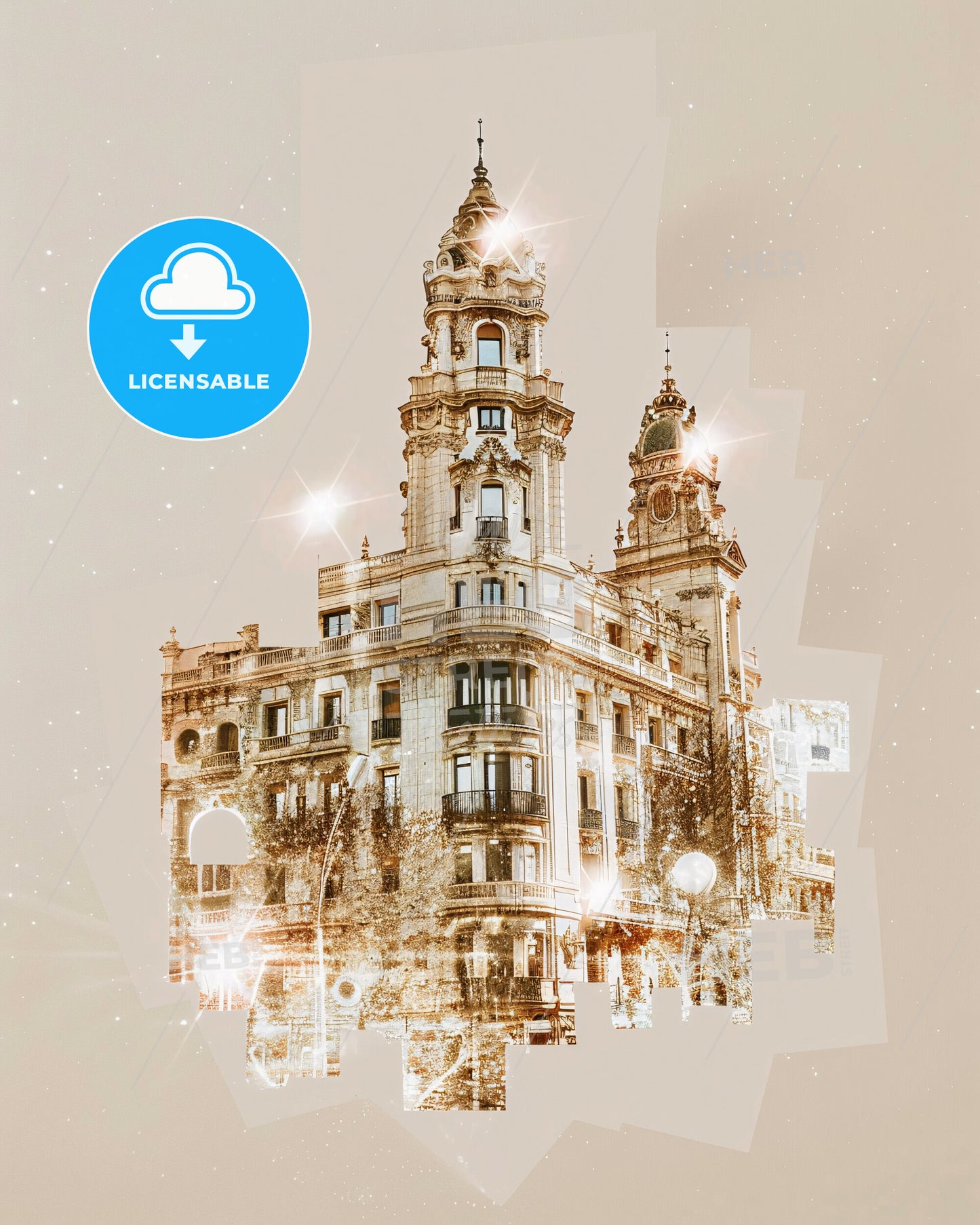 Avilés Skyline Cityscape Art on Beige - A building with a tower