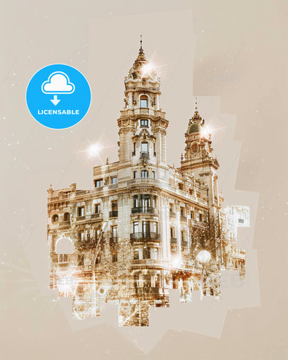 Avilés Skyline Cityscape Art on Beige - A building with a tower