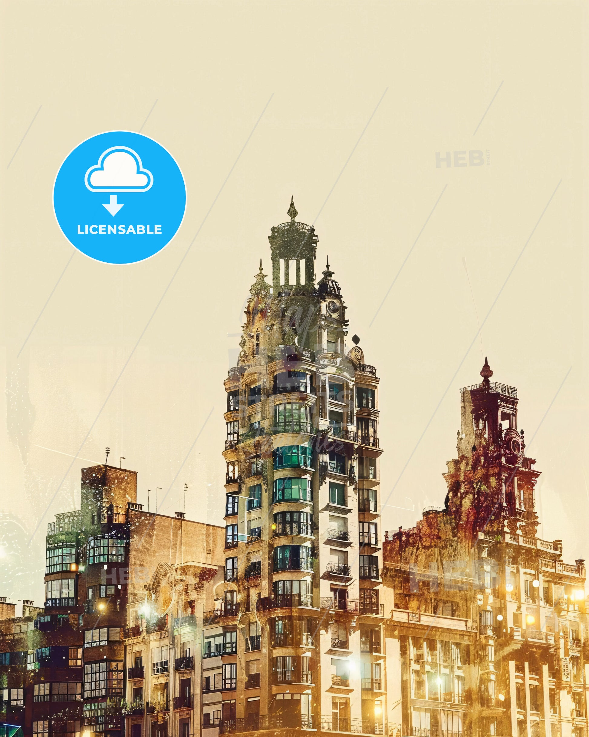 Avilés Skyline Double Exposure Composite Art - A tall building with many windows