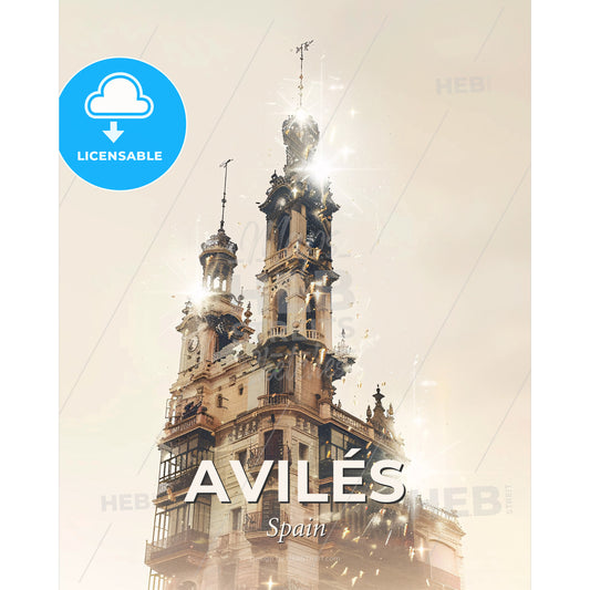 Avilés City Art Skyline Composite Poster Design - A building with a tower - Square format print template