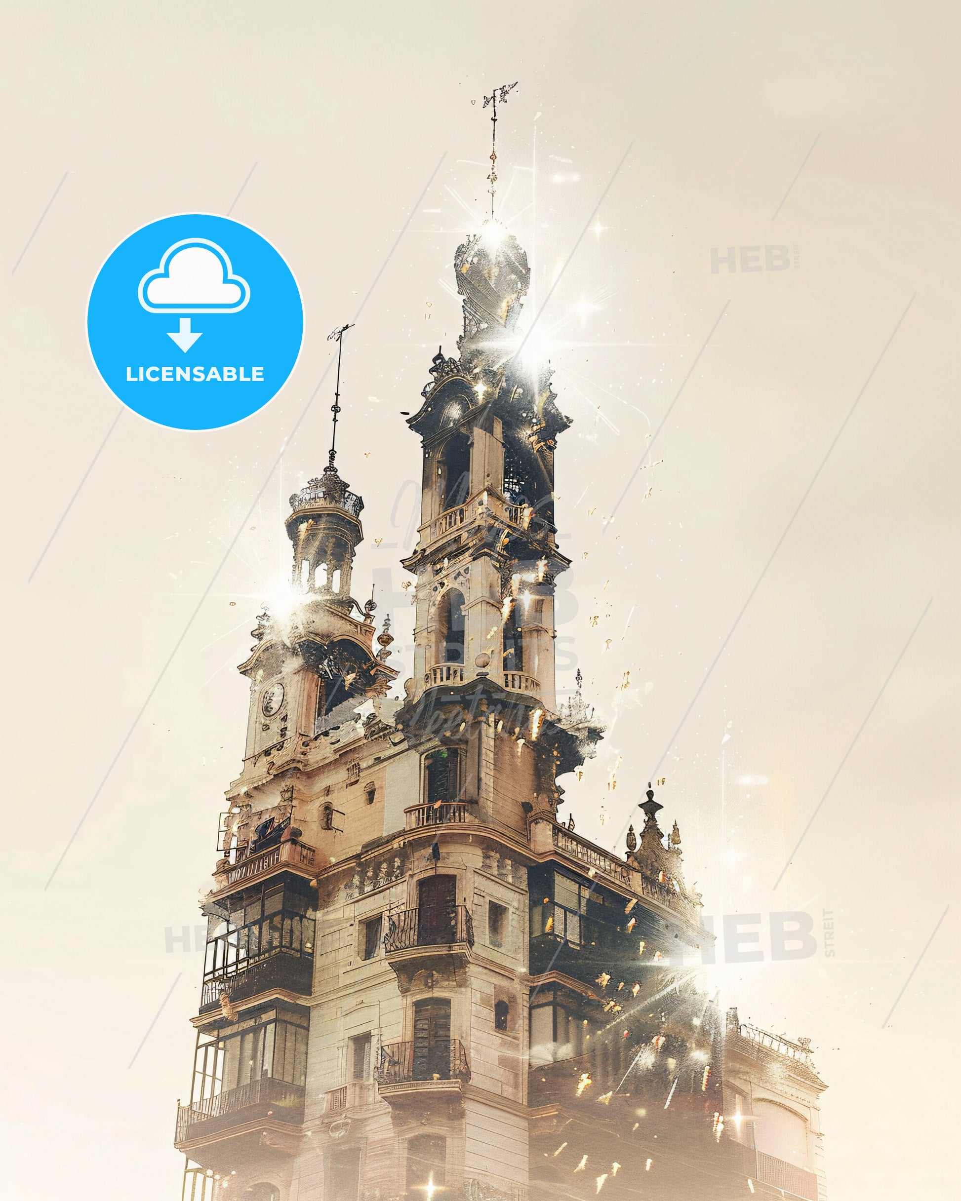 Avilés City Art Skyline Composite Poster Design - A building with a tower