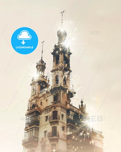 Avilés City Art Skyline Composite Poster Design - A building with a tower