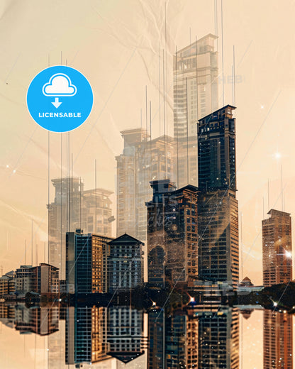 Bacoor Skyline Double Exposure Art - A city skyline with many tall buildings reflected in water