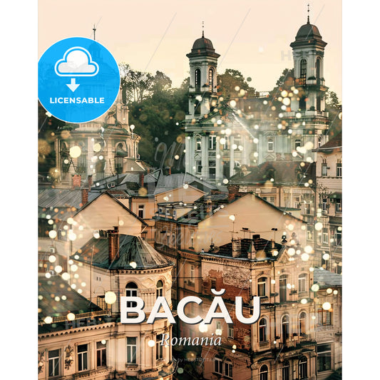 Bacau Skyline Double Exposure Art Poster - A group of buildings with lights - Square format print template