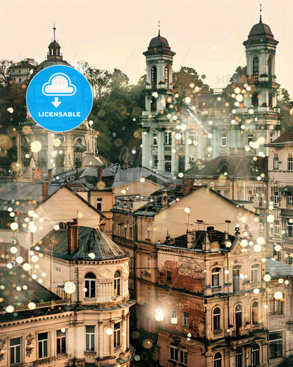 Bacau Skyline Double Exposure Art Poster - A group of buildings with lights