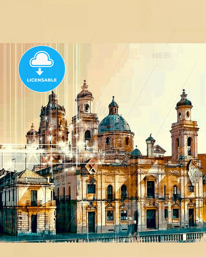 Badajoz Skyline Double Exposure Beige Poster - A building with a dome and a blue roof