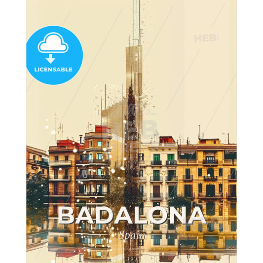 Badalona City Skyline Vintage Beige Paper Poster - A group of buildings with many windows - Square format print template