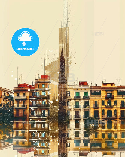 Badalona City Skyline Vintage Beige Paper Poster - A group of buildings with many windows