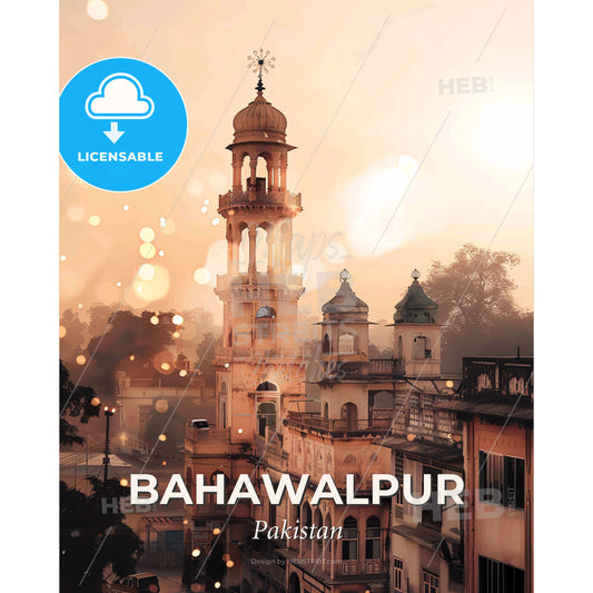 Bahawalpur City Skyline Double Exposure Art Poster - A building with a bell tower - Square format print template