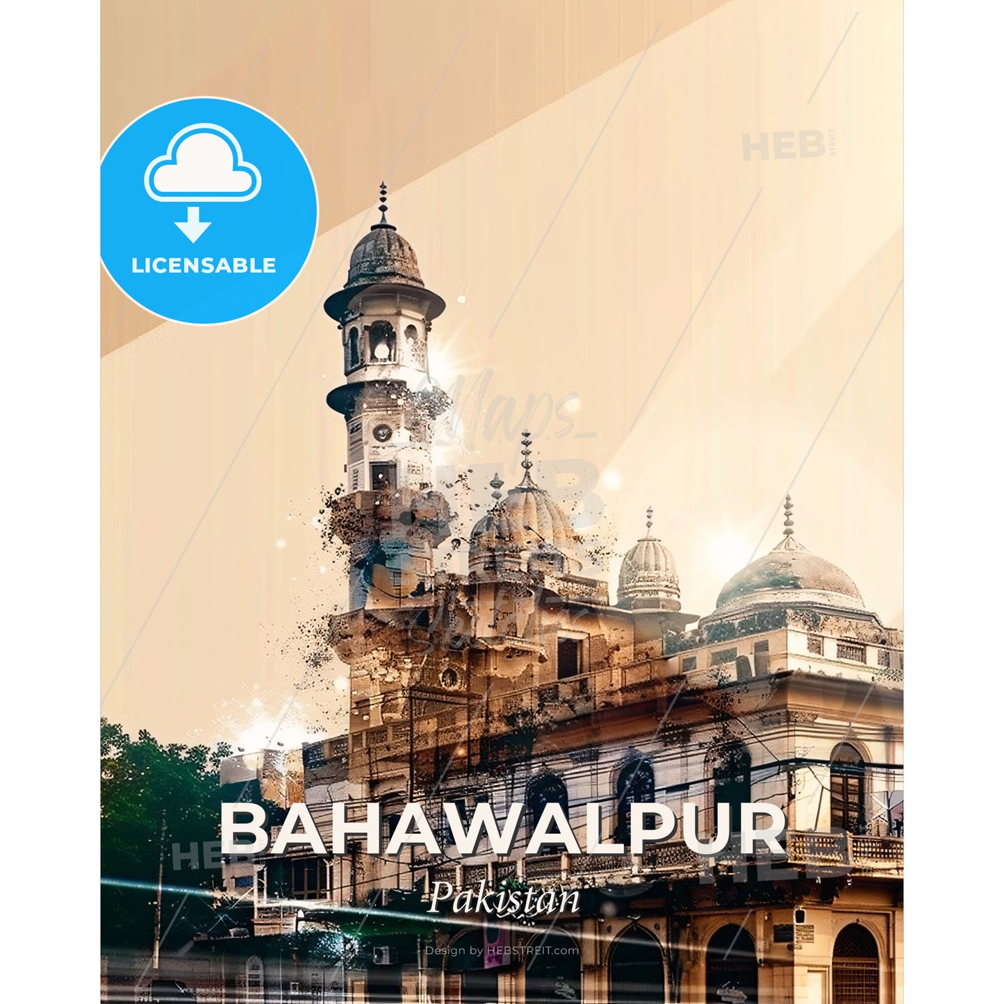 Bahawalpur City Lights Architectural Mosaic - A building with a tower - Square format print template