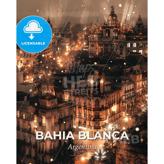 Bahia Blanca City Skyline Composite Poster Art - A city at night with lights - Square format print template