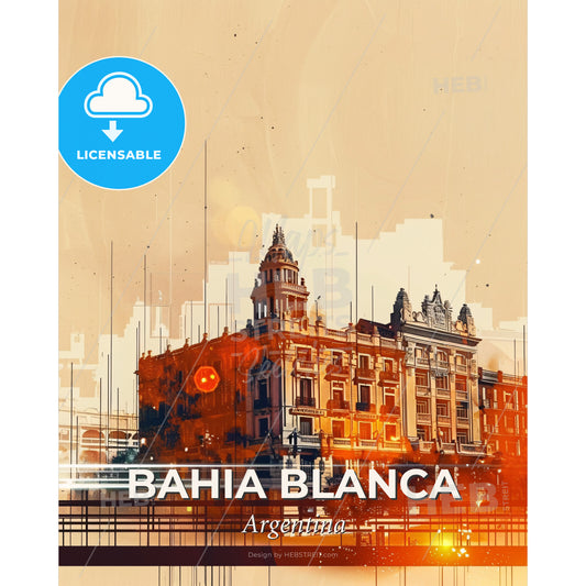 Bahia Blanca Skyline Bright Composite Art Poster - A building with a tower and a city skyline - Square format print template