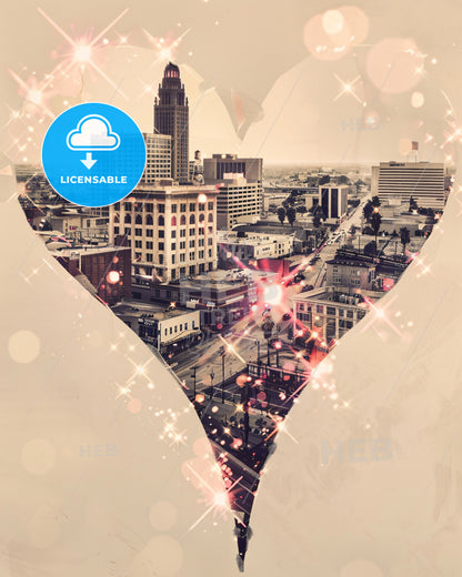 Bakersfield Skyline Gleaming Cityscape Artwork - A heart shaped hole in a city