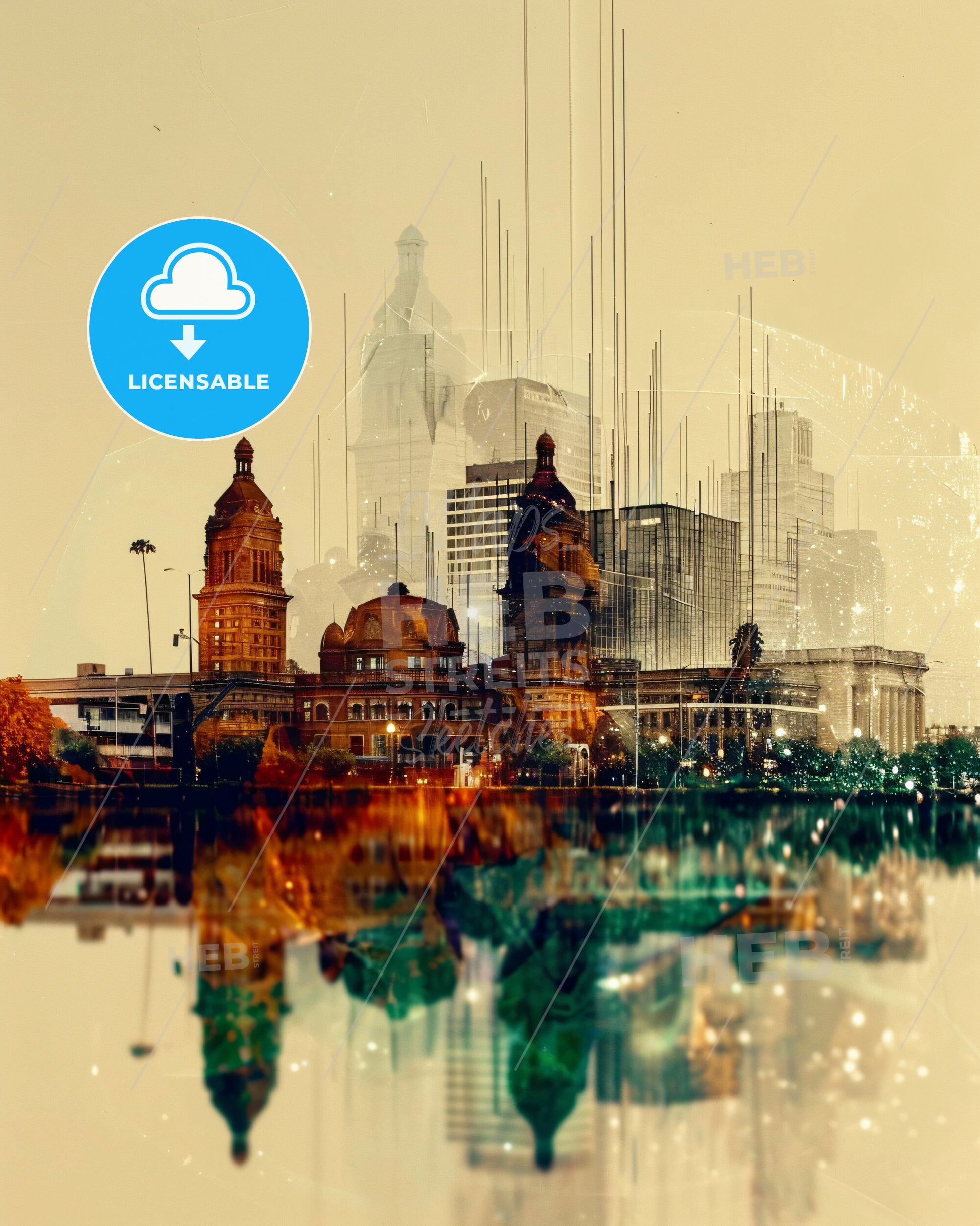 Bakersfield Cityscape Double Exposure Art Poster - A city skyline with a reflection of a body of water