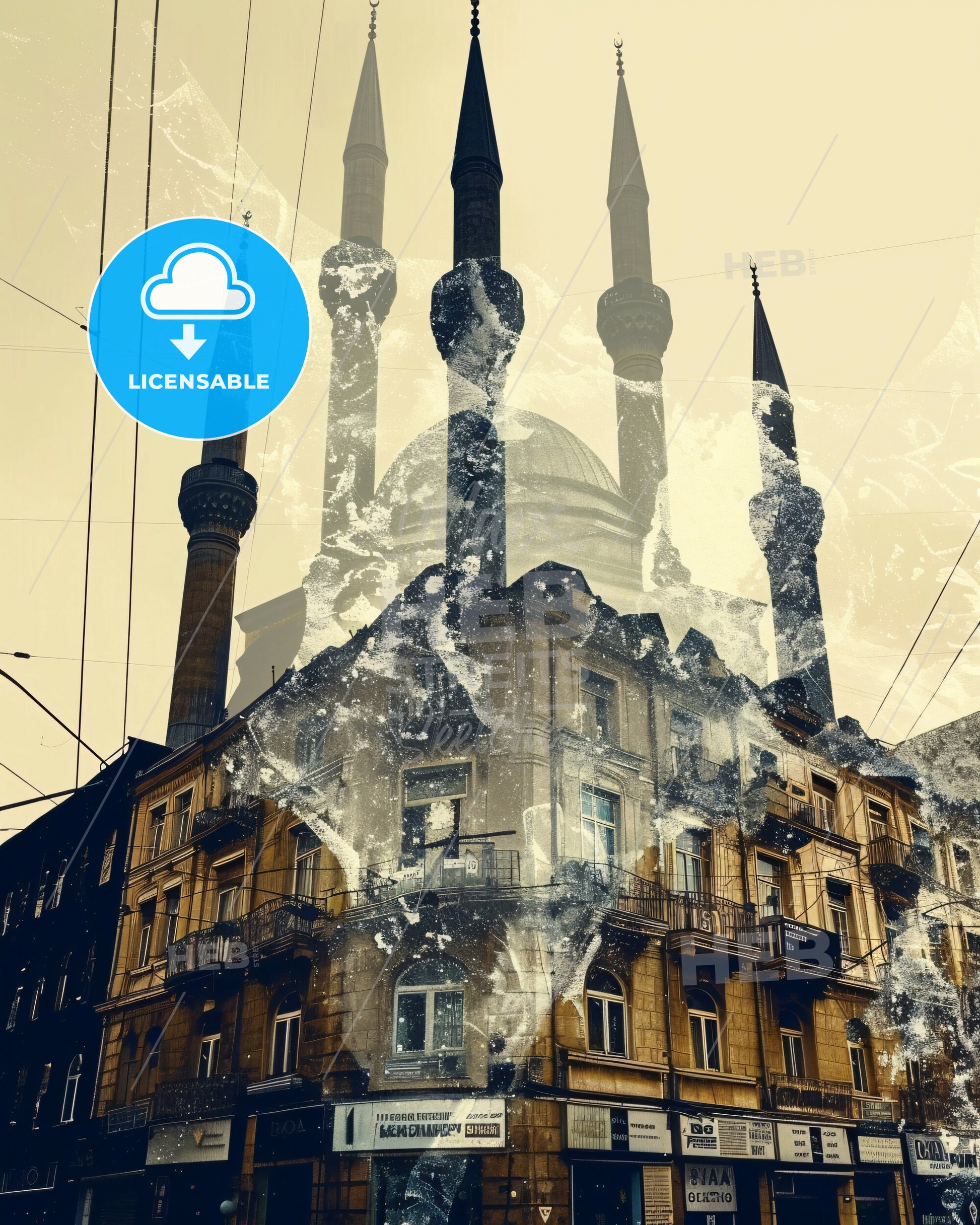 Baku Skyline Double Exposure Composite Poster - A building with towers and a map