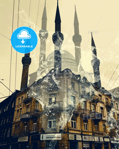 Baku Skyline Double Exposure Composite Poster - A building with towers and a map