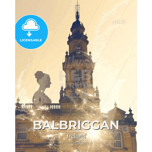 Balbriggan Skyline Cityscape Beige Sparkle Poster - A statue of a woman on a building - Square format print template